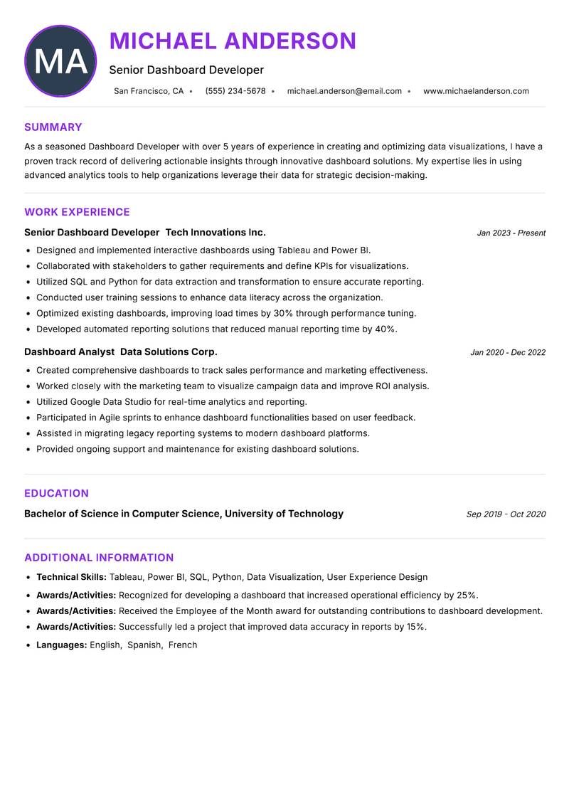 Dashboard Developer Resume Preview Example