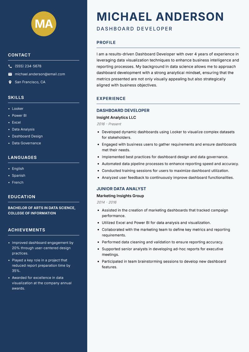 Dashboard Developer Resume Preview Example