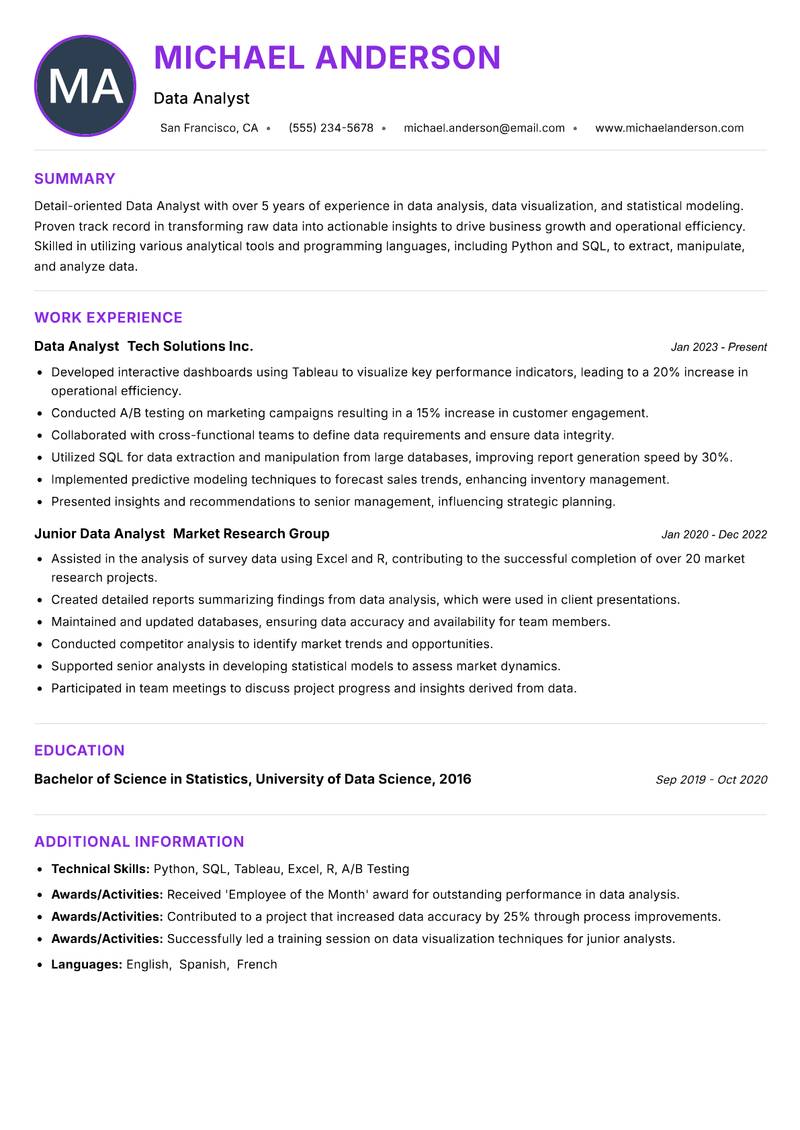 Data Analyst Resume Preview Example