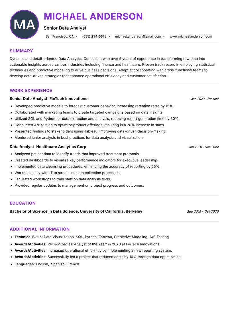 Data Analytics Consultant Resume Preview Example