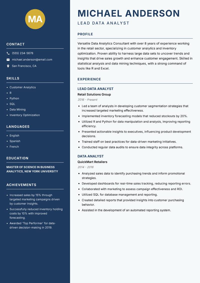 Data Analytics Consultant Resume Preview Example