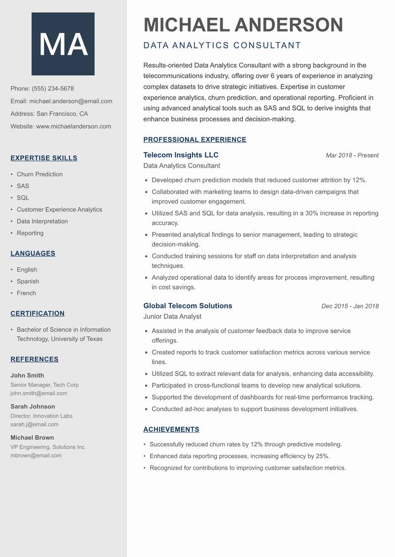 Data Analytics Consultant Resume Preview Example