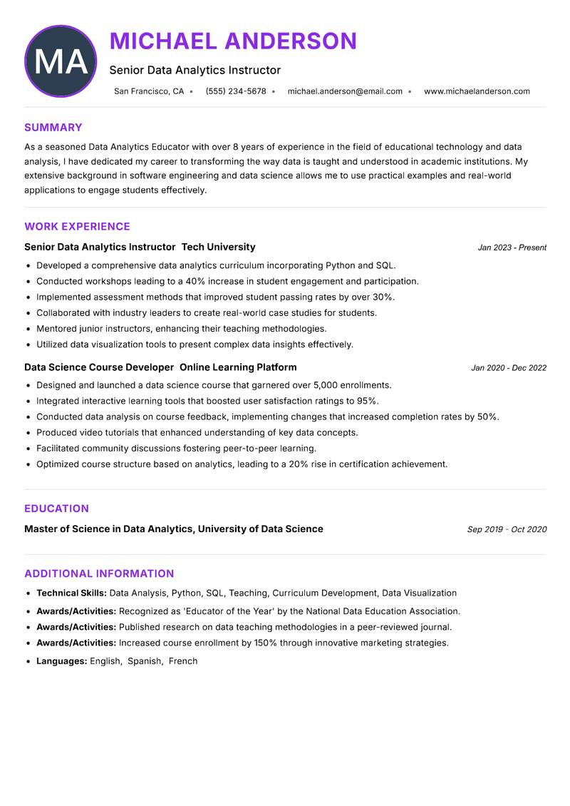 Data Analytics Educator Resume Preview Example