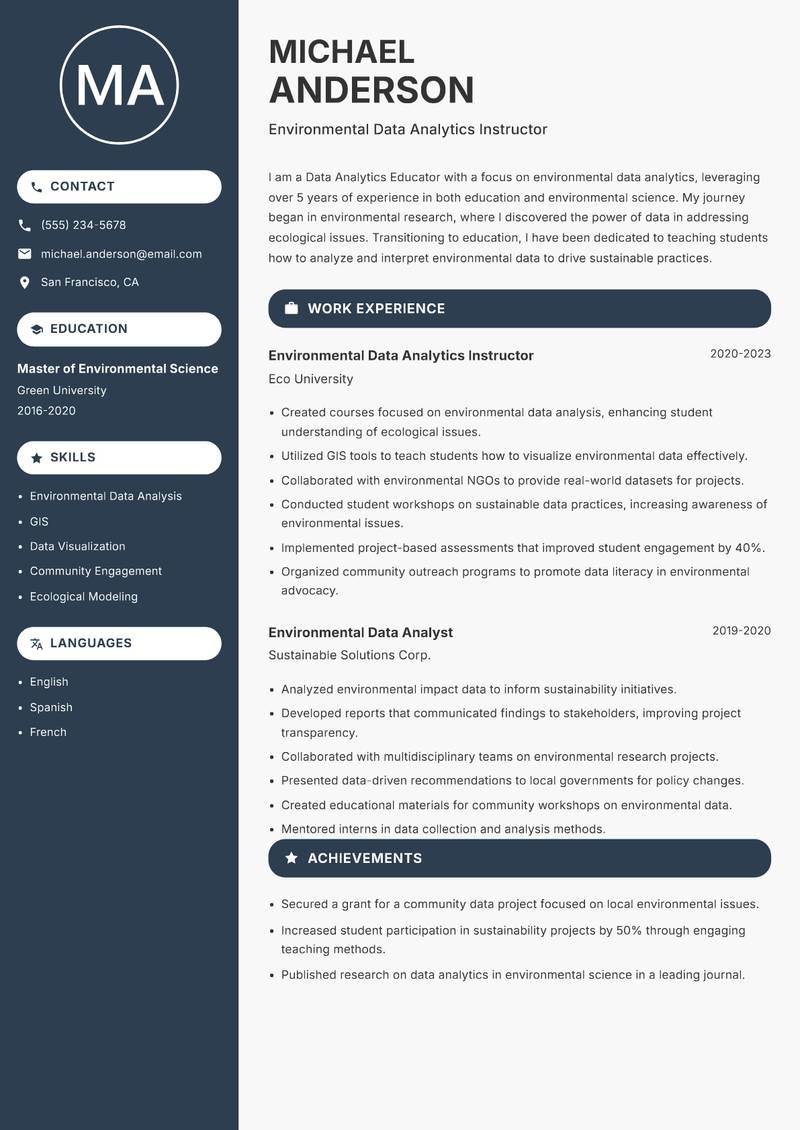 Data Analytics Educator Resume Preview Example