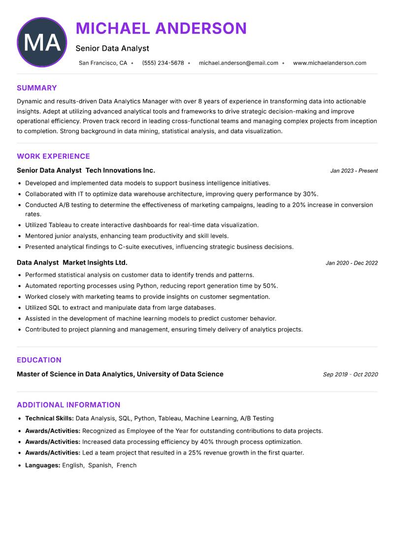 Data Analytics Manager Resume Preview Example
