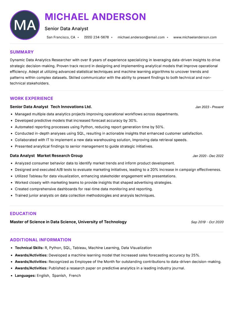 Data Analytics Researcher Resume Preview Example