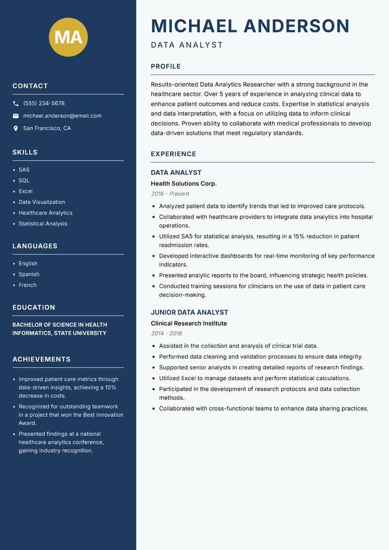 Data Analytics Researcher Resume Preview Example