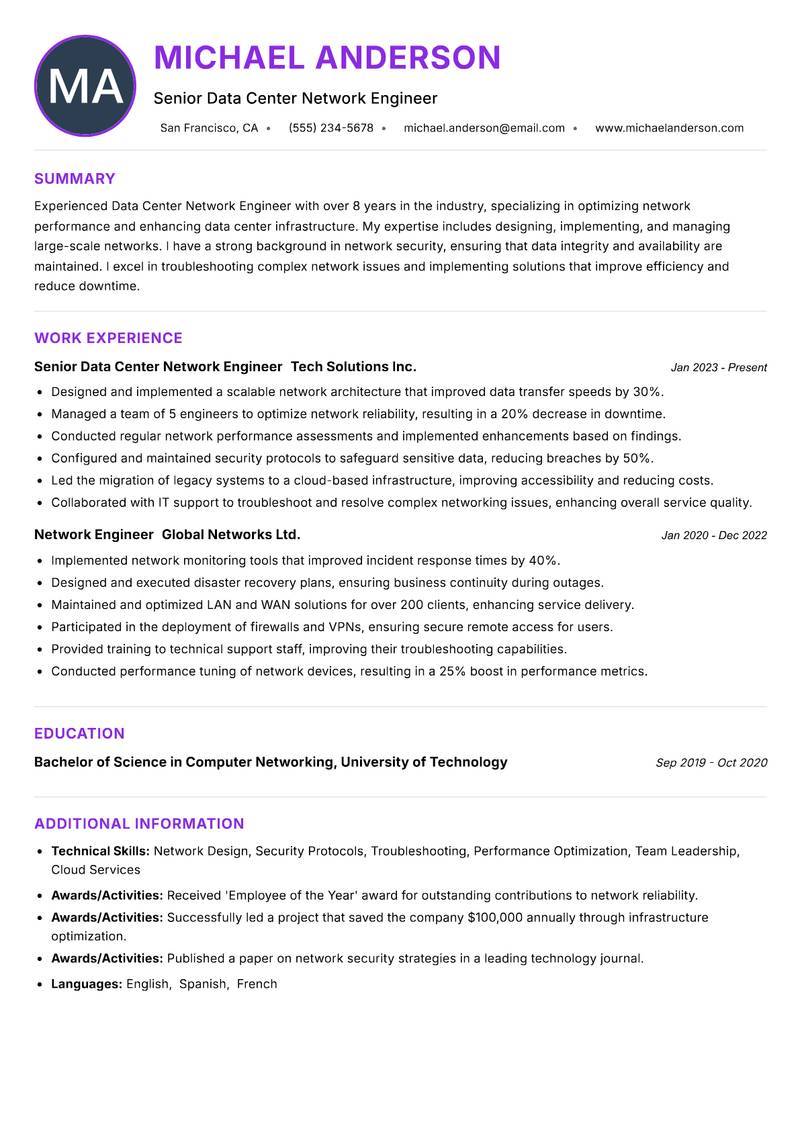 Data Center Network Engineer Resume Preview Example