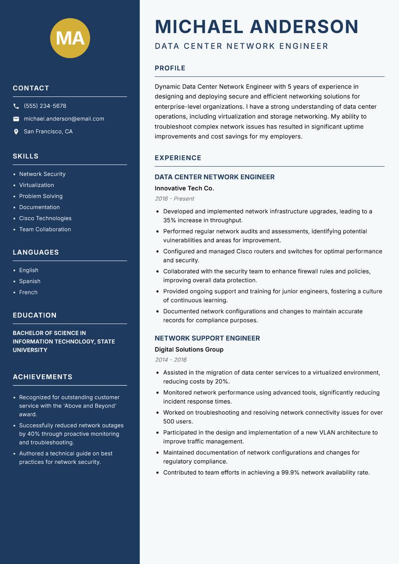 Data Center Network Engineer Resume Preview Example