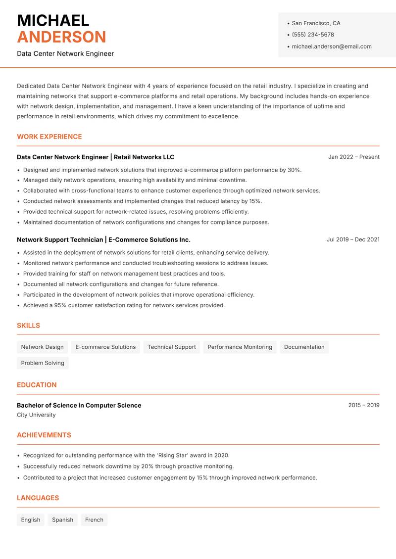 Data Center Network Engineer Resume Template