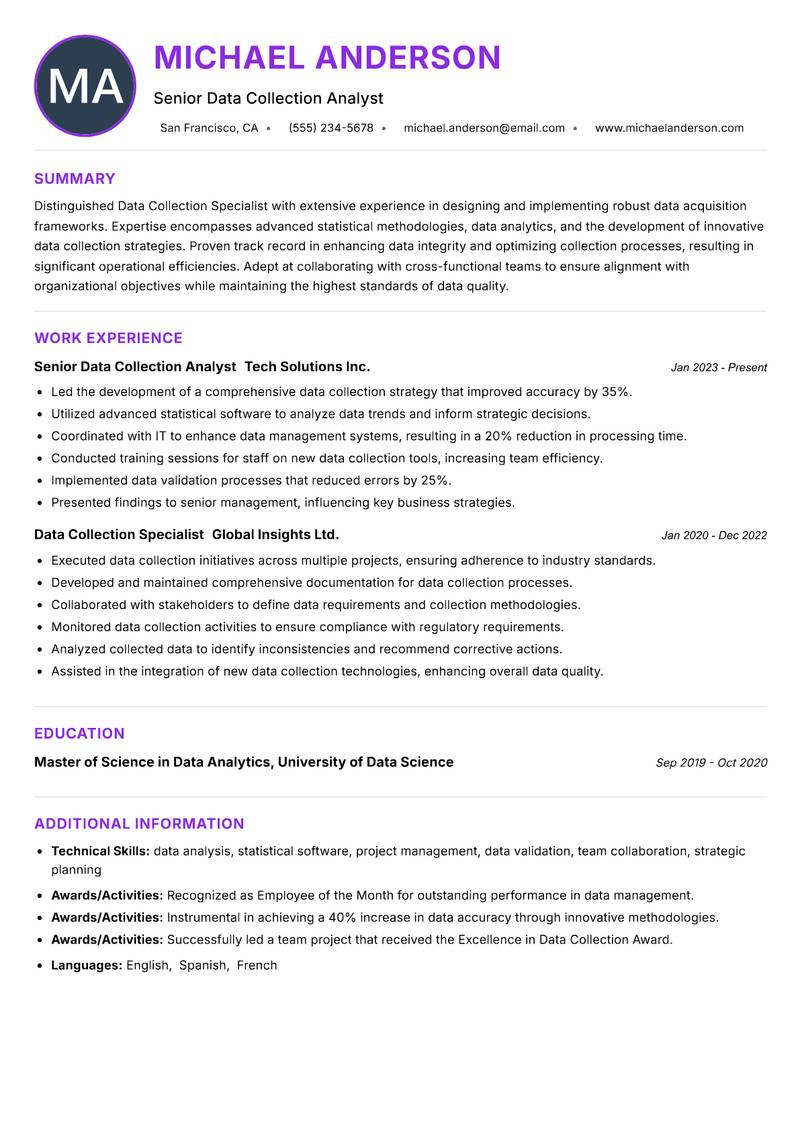 Data Collection Specialist Resume Preview Example