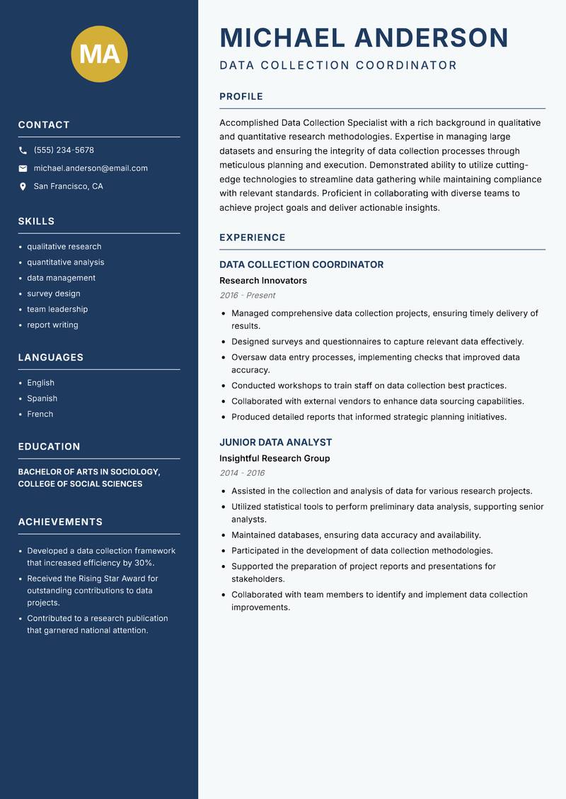 Data Collection Specialist Resume Preview Example
