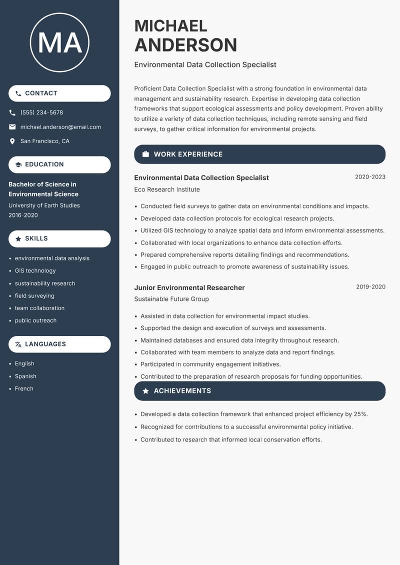 Data Collection Specialist Resume Preview Example