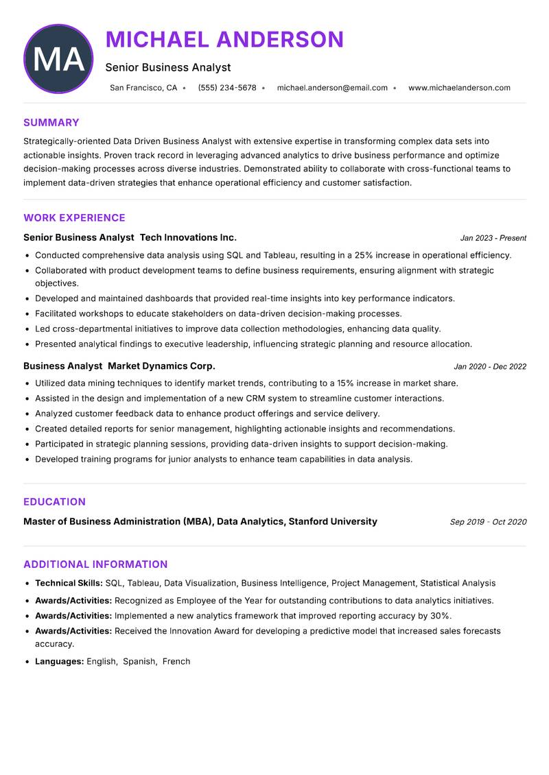 Data Driven Business Analyst Resume Preview Example