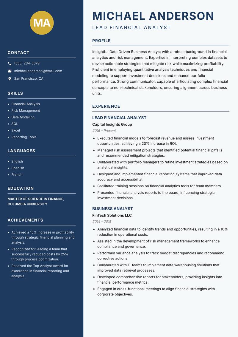 Data Driven Business Analyst Resume Preview Example