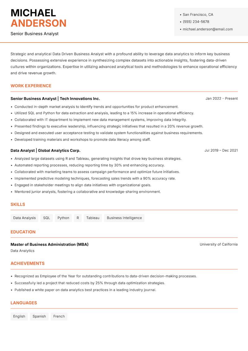 Data Driven Business Analyst Resume Template