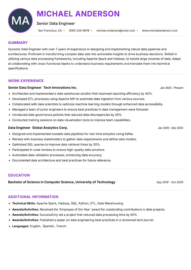 Data Engineer Resume Preview Example