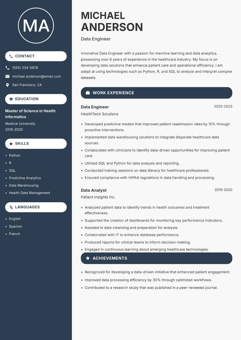Data Engineer Resume Preview Example