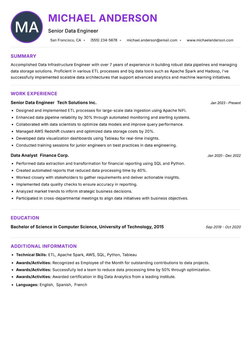 Data Infrastructure Engineer Resume Preview Example