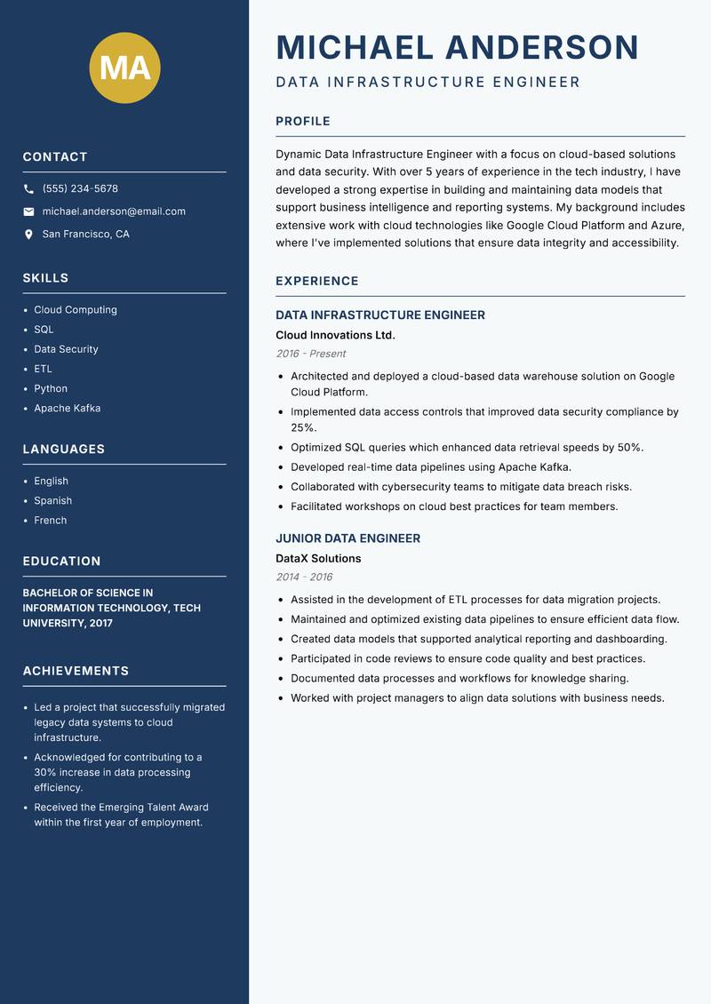 Data Infrastructure Engineer Resume Preview Example