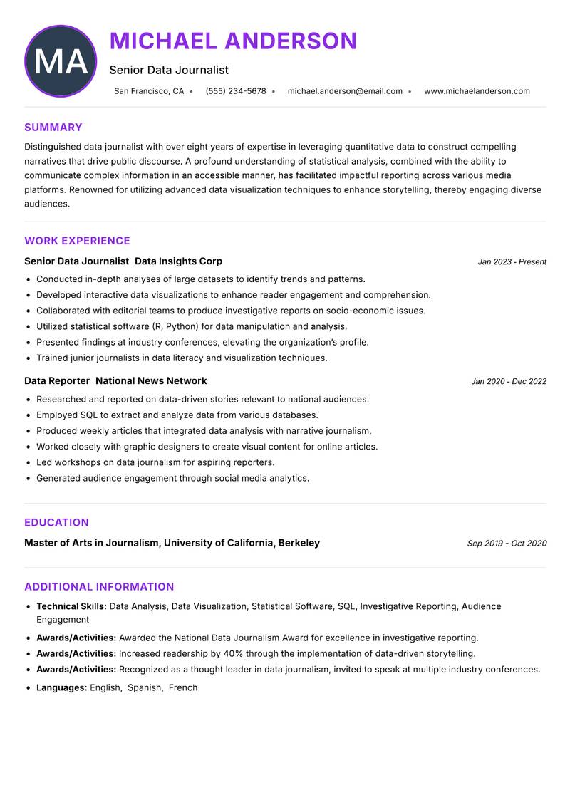 Data Journalist Resume Preview Example