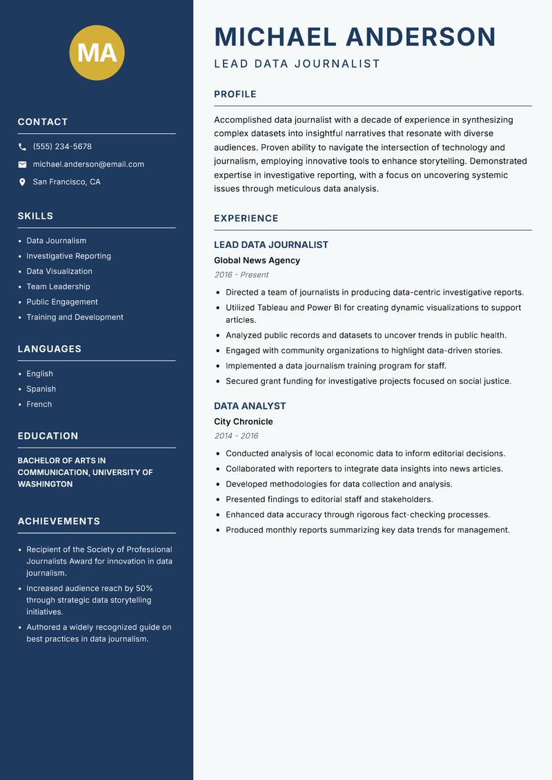 Data Journalist Resume Preview Example
