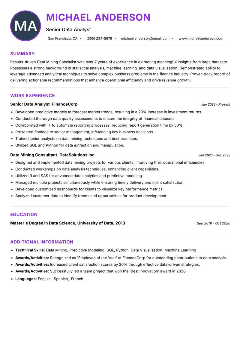 Data Mining Specialist Resume Preview Example