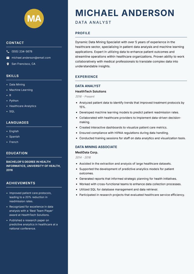 Data Mining Specialist Resume Preview Example