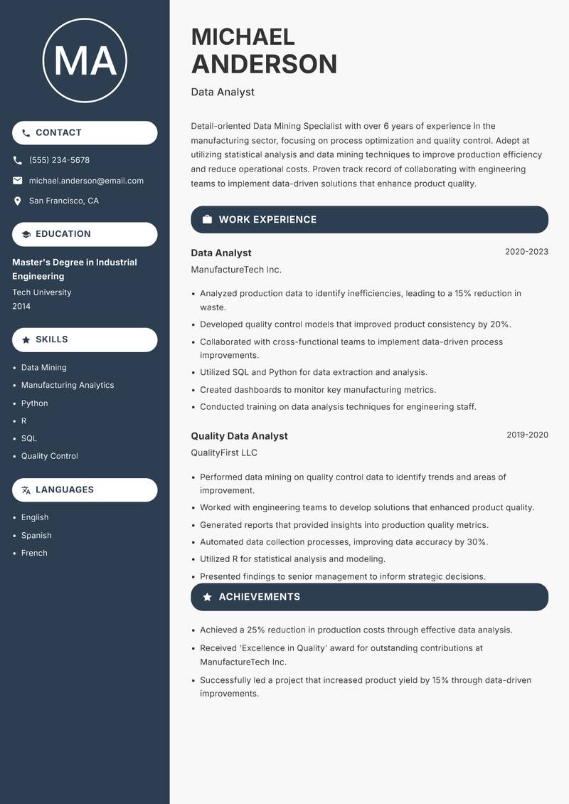 Data Mining Specialist Resume Preview Example