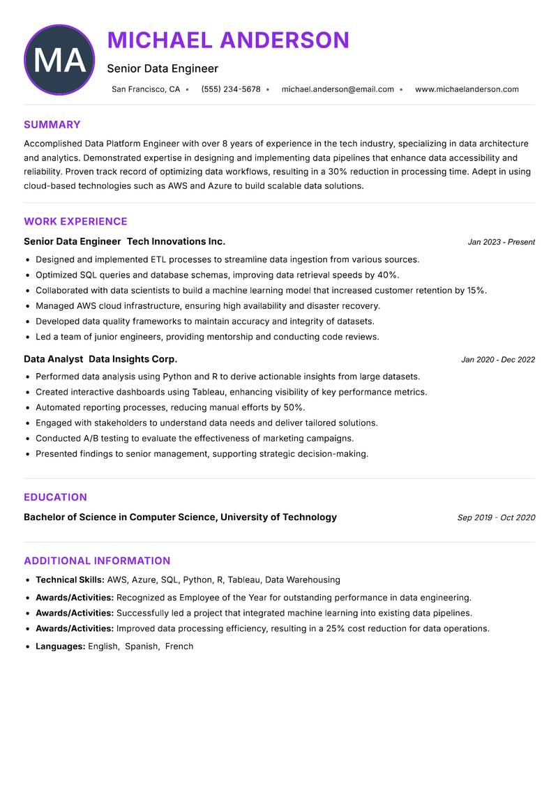Data Platform Engineer Resume Preview Example