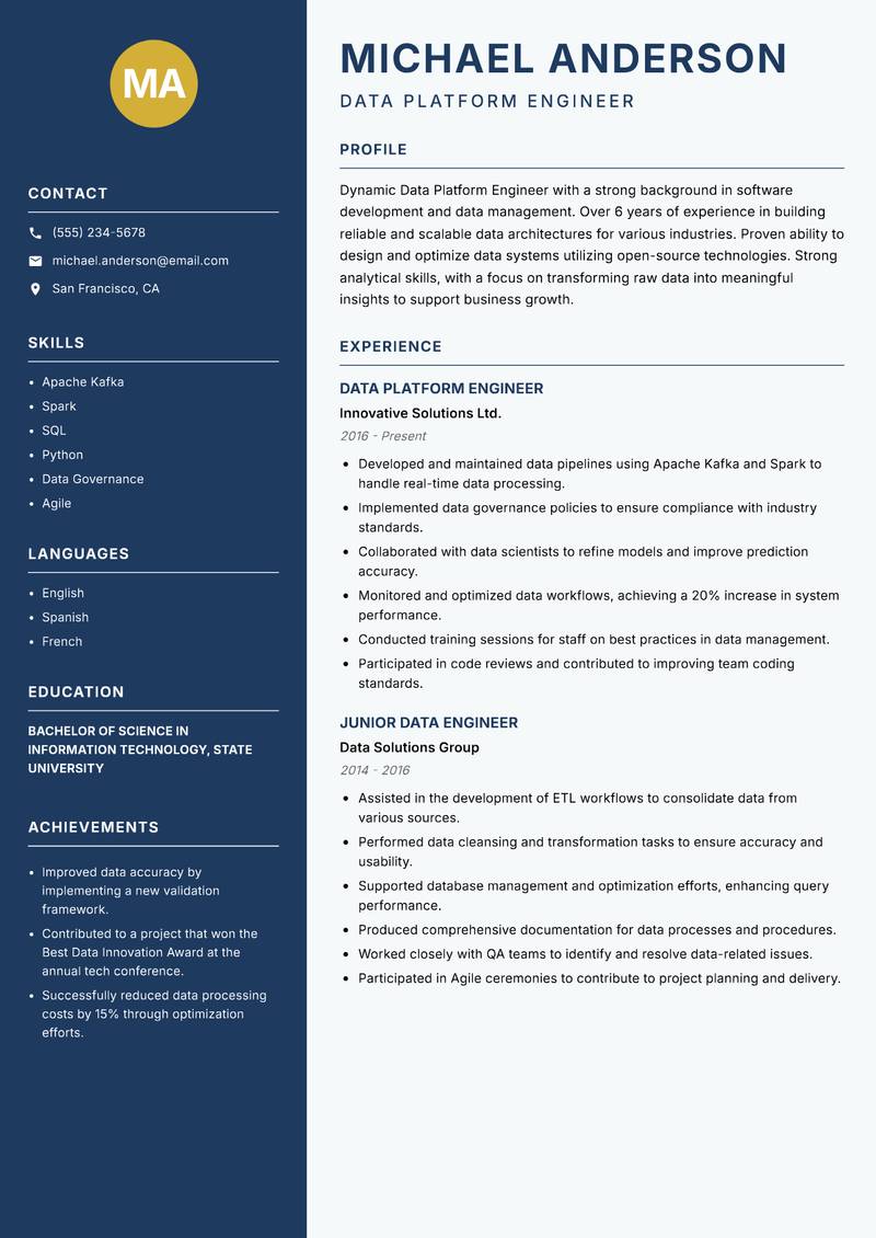 Data Platform Engineer Resume Preview Example