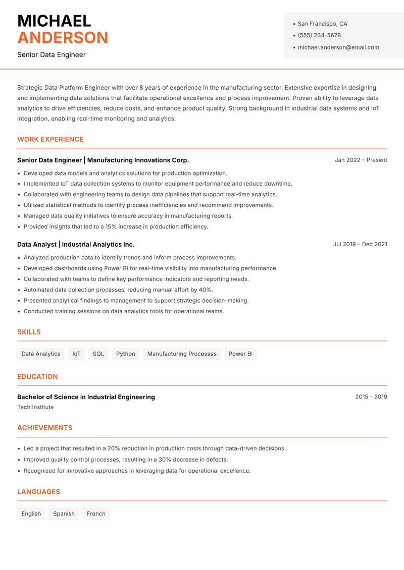 Data Platform Engineer Resume Template