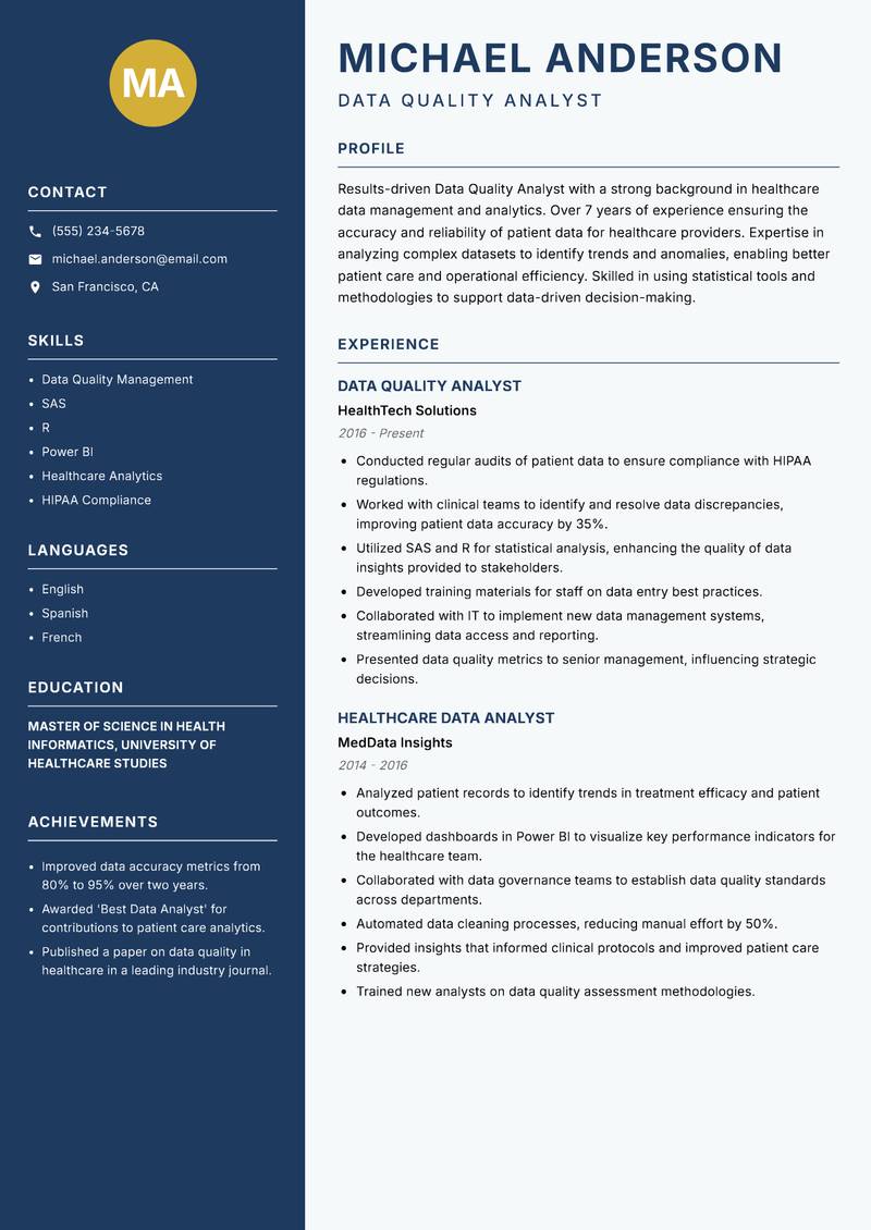 Data Quality Analyst Resume Preview Example