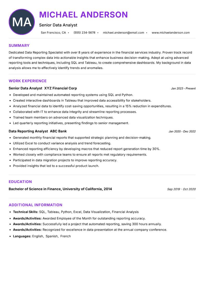 Data Reporting Specialist Resume Preview Example