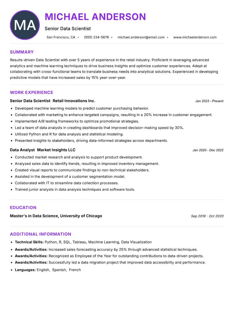 Data Scientist Resume Preview Example