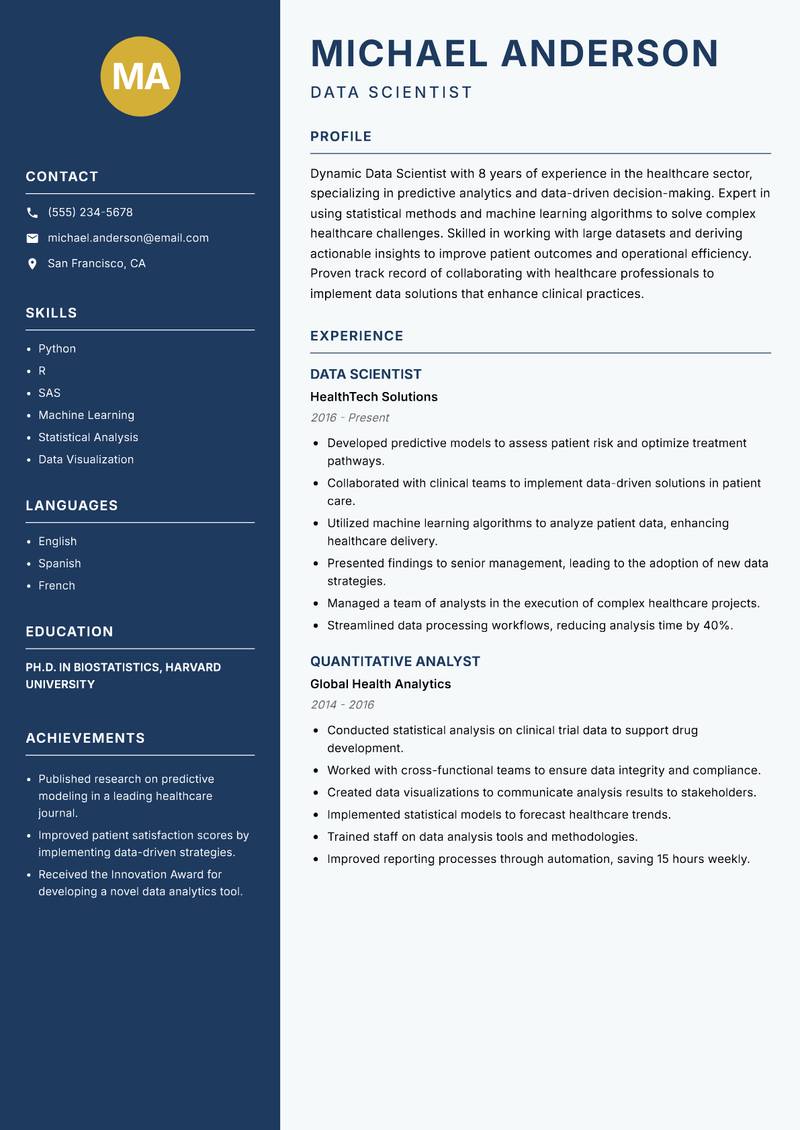 Data Scientist Resume Preview Example