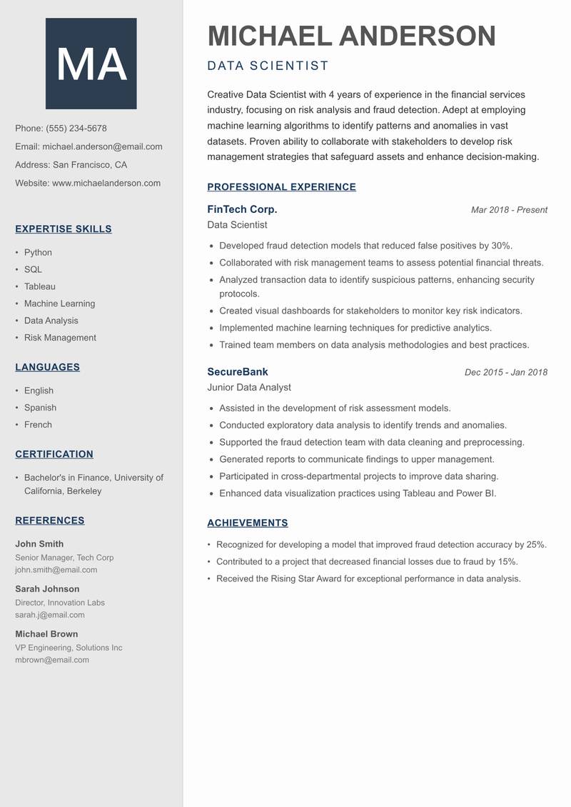 Data Scientist Resume Preview Example