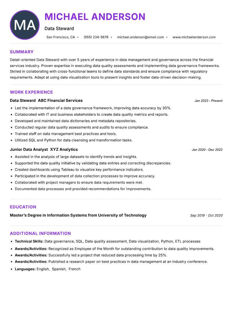 Data Steward Resume Preview Example
