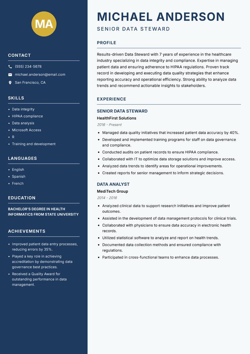 Data Steward Resume Preview Example