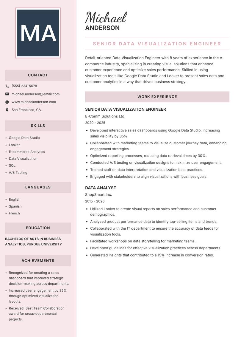 Data Visualization Engineer Resume Preview Example