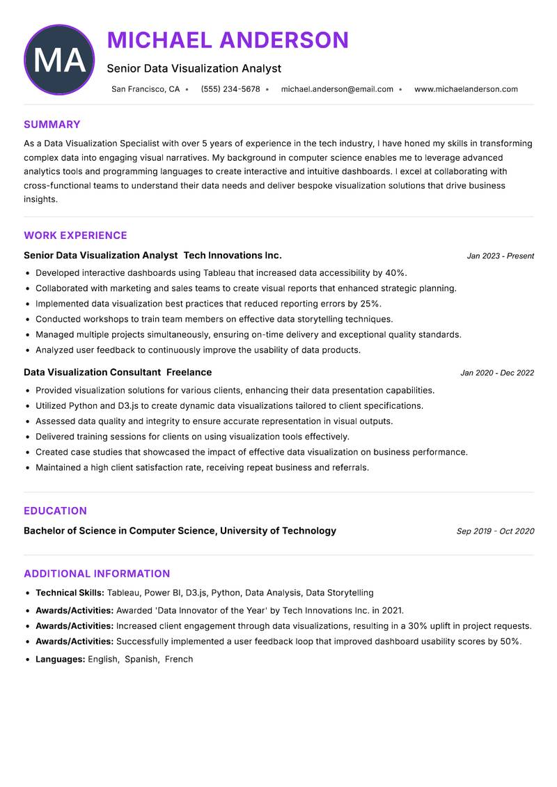 Data Visualization Specialist Resume Preview Example