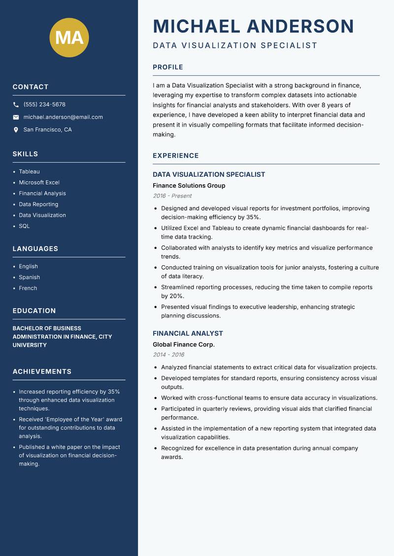 Data Visualization Specialist Resume Preview Example