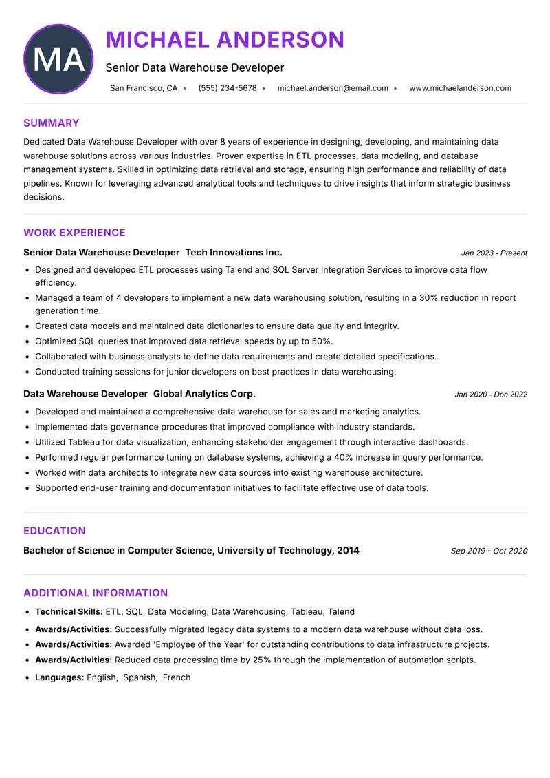 Data Warehouse Developer Resume Preview Example