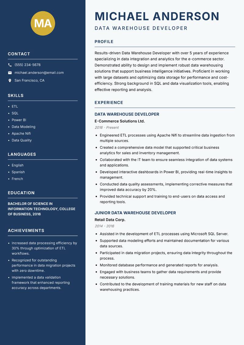 Data Warehouse Developer Resume Preview Example
