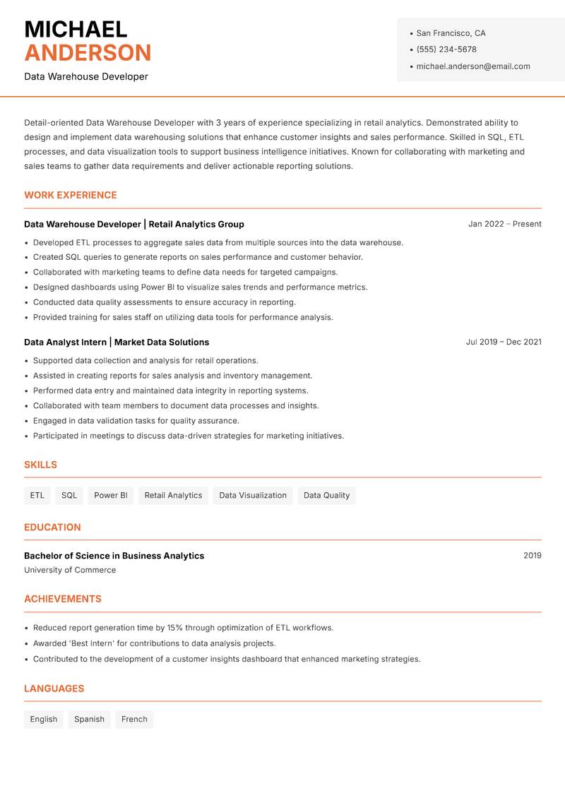 Data Warehouse Developer Resume Template