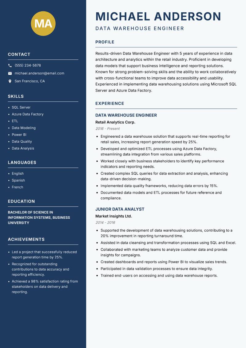 Data Warehouse Engineer Resume Preview Example