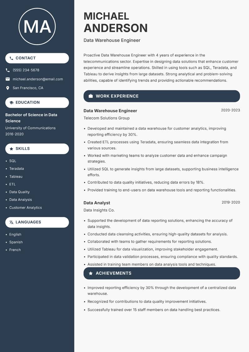 Data Warehouse Engineer Resume Preview Example