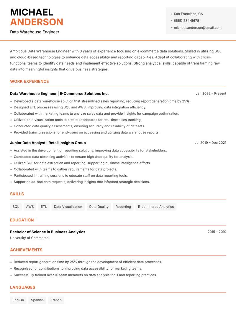 Data Warehouse Engineer Resume Template