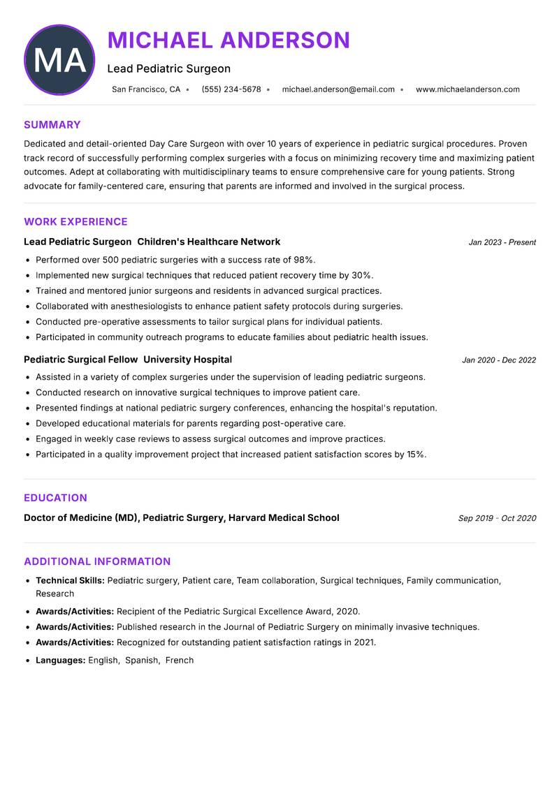 Day Care Surgeon Resume Preview Example