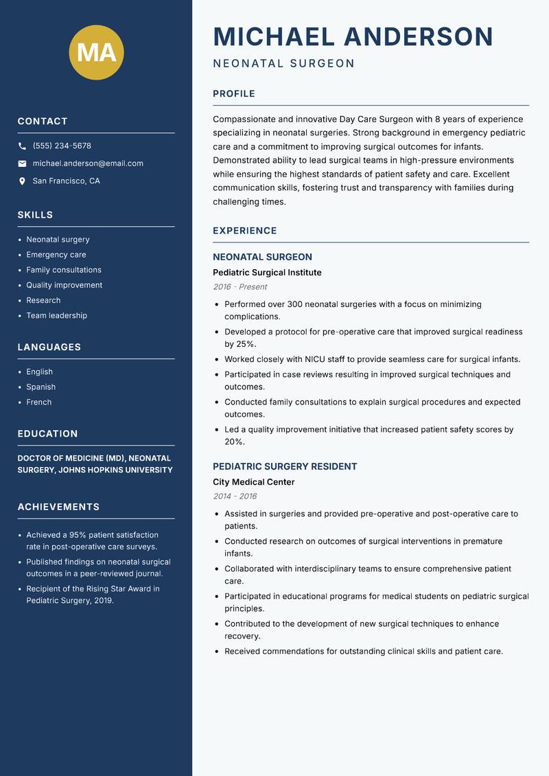 Day Care Surgeon Resume Preview Example